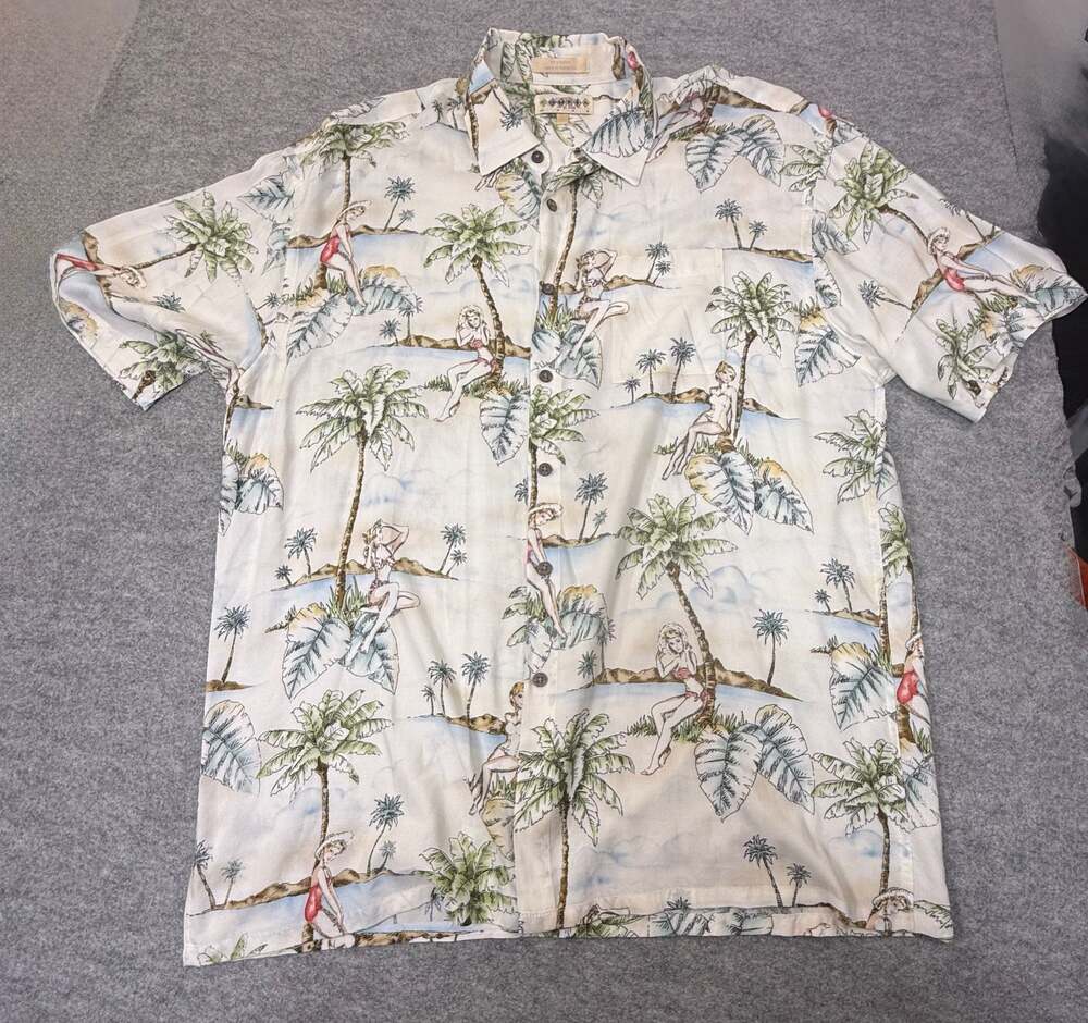 Campia Moda Pin Up Girls Tropical Palm Trees Short Sleeve Button Up Shirt XL